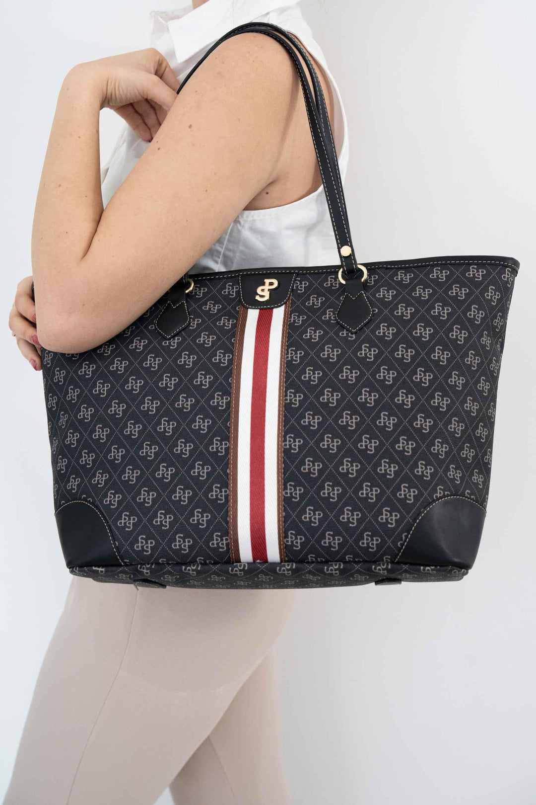 Silver & Polo SP1169 Şeritli Monogram Kadın Omuz Shopper Çanta